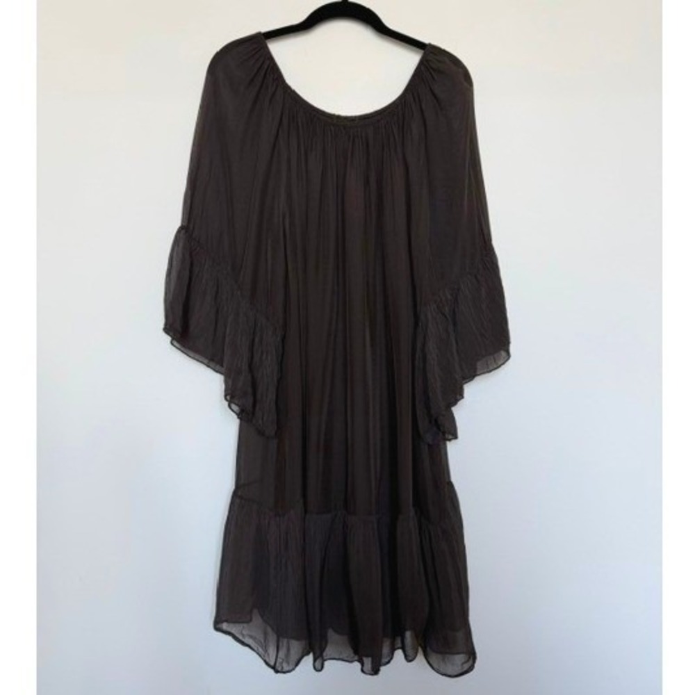 Chocolate Brown Silk Blend Boho Off Shoulder Flowy Dress | Peasant Mini | M/L